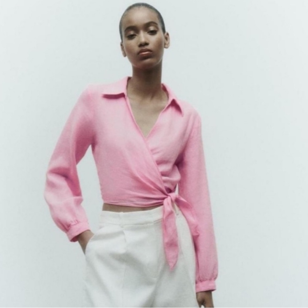 Zara Pink Tie-Front Blouse 100% linen